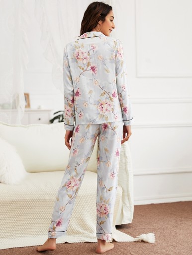 Floral Lapel Collar Pajama Set