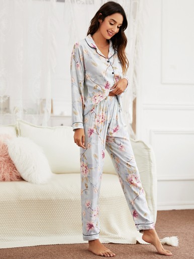 Floral Lapel Collar Pajama Set