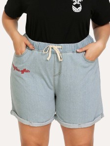 Plus Letter Embroidered Drawstring Denim Shorts