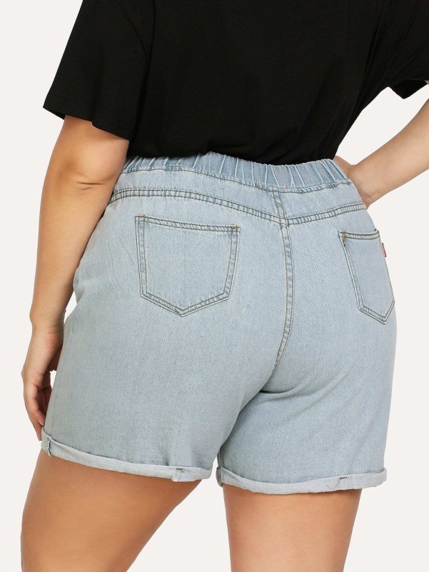 Plus Letter Embroidered Drawstring Denim Shorts