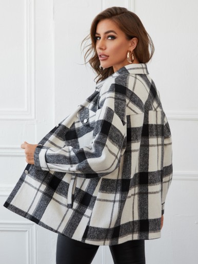 Flap Pocket Front Plaid Coat