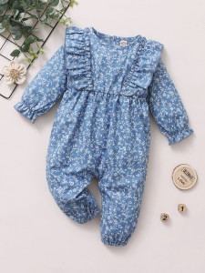 Baby Girl Allover Floral Ruffle Denim Jumpsuit