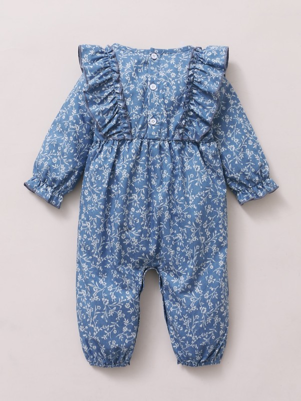 Baby Girl Allover Floral Ruffle Denim Jumpsuit