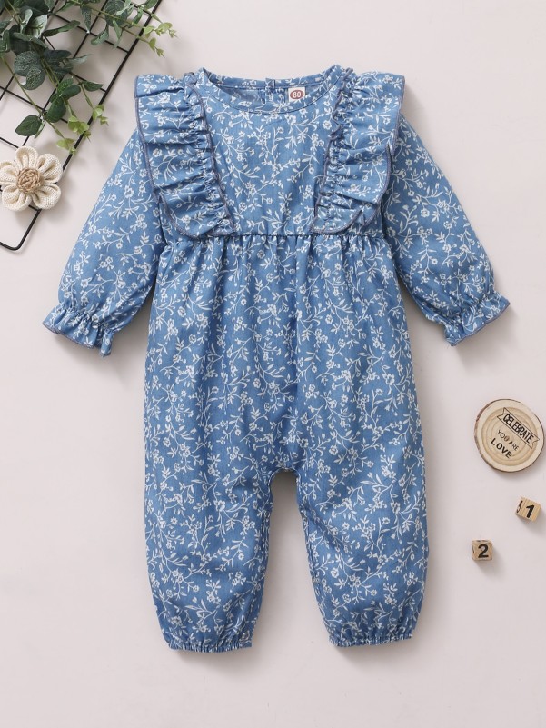 Baby Girl Allover Floral Ruffle Denim Jumpsuit