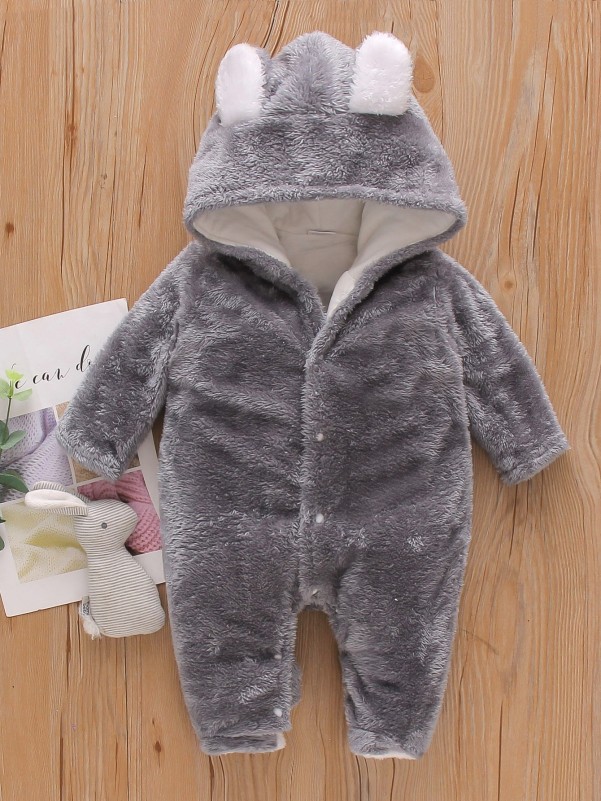 Baby 3D Ear Design Hooded Footed Flannel Jumpsuit