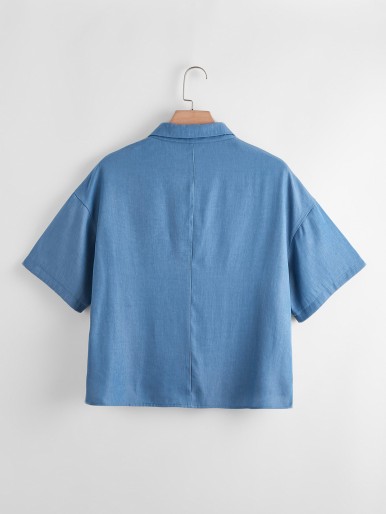 Plus Drop Shoulder Pocket Front Denim Top