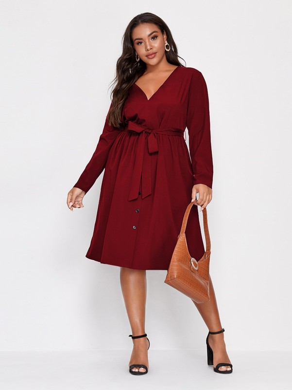Plus Button Front Belted Dress