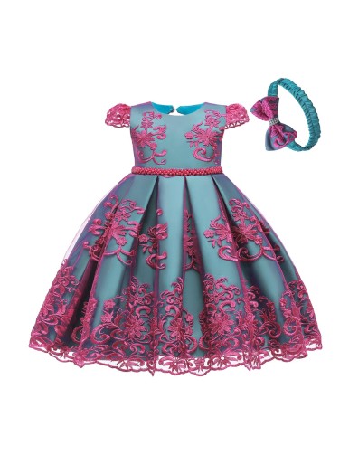 Toddler Girls Embroidery Mesh Pearls Beaded Fold Pleated Party Dress With Headband
