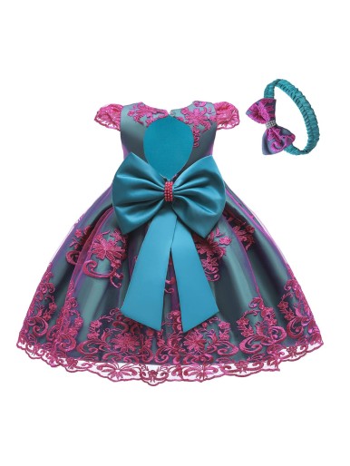 Toddler Girls Embroidery Mesh Pearls Beaded Fold Pleated Party Dress With Headband