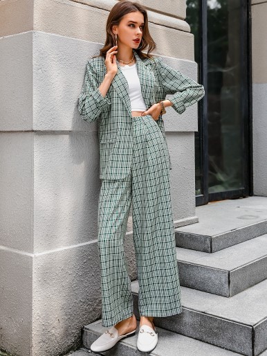 Single Button Plaid Blazer & Pants Set