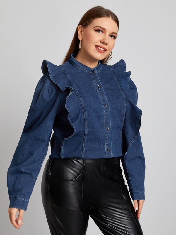 Plus Ruffle Trim Button Front Denim Shirt