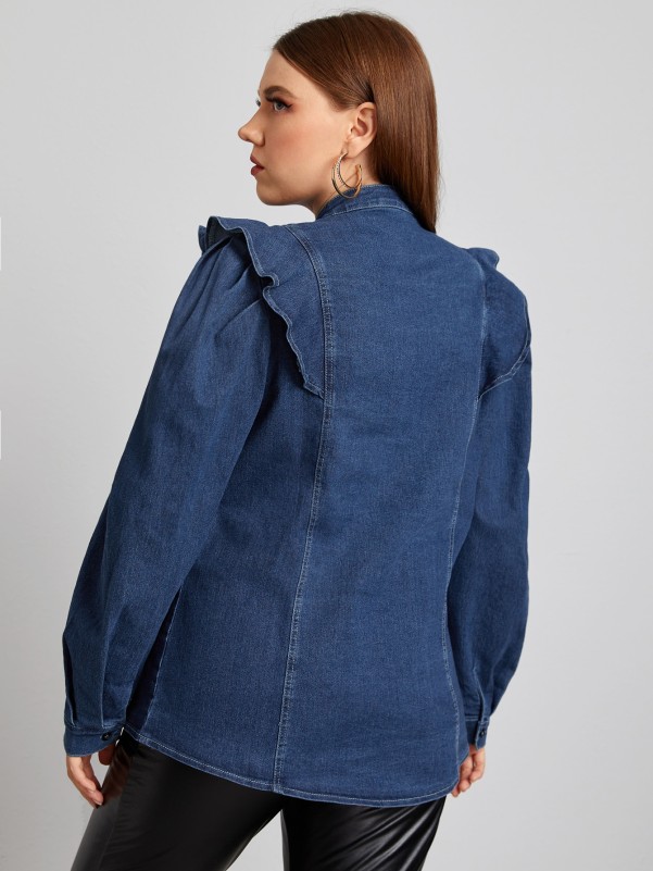 Plus Ruffle Trim Button Front Denim Shirt