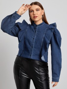 Plus Ruffle Trim Button Front Denim Shirt