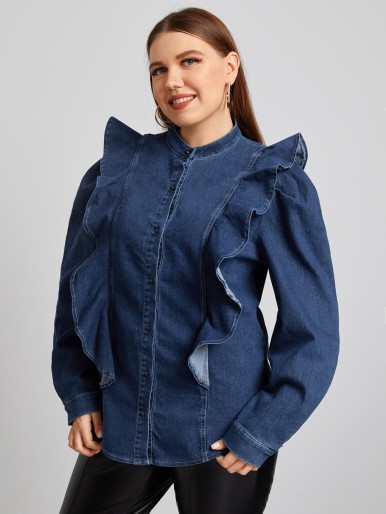 Plus Ruffle Trim Button Front Denim Shirt