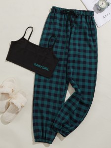 Letter Graphic Cami Top & Gingham Pants Pajama Set