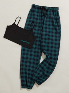 Letter Graphic Cami Top & Gingham Pants Pajama Set