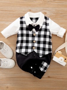 Baby Boy Bow Front Gingham Colorblock Jumpsuit