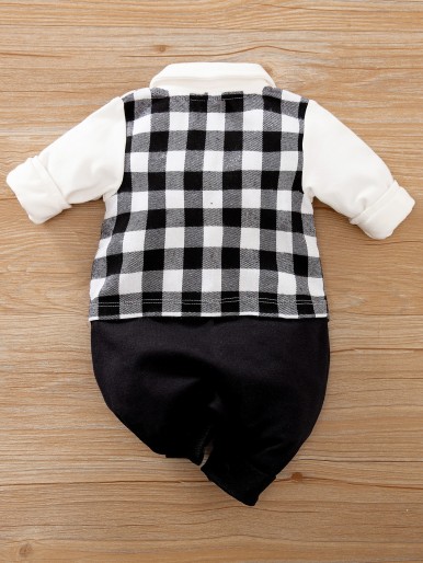 Baby Boy Bow Front Gingham Colorblock Jumpsuit