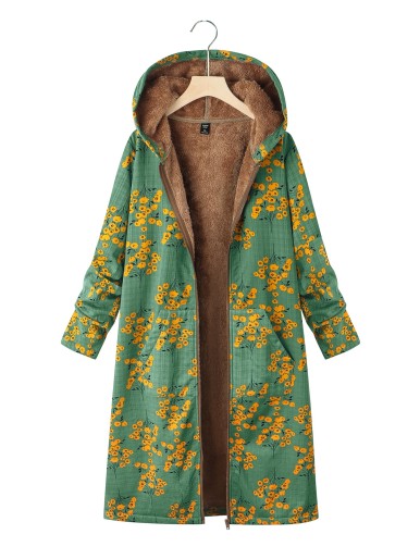 Plus Floral Print Teddy Lined Coat