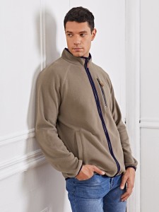 Men Raglan Sleeve Zipper Placket Fleece Jacket