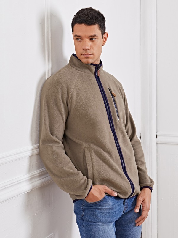 Men Raglan Sleeve Zipper Placket Fleece Jacket