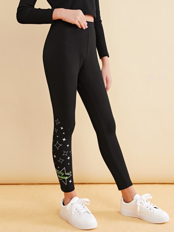 Girls Star & Letter Print Leggings