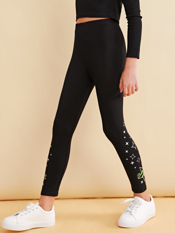 Girls Star & Letter Print Leggings