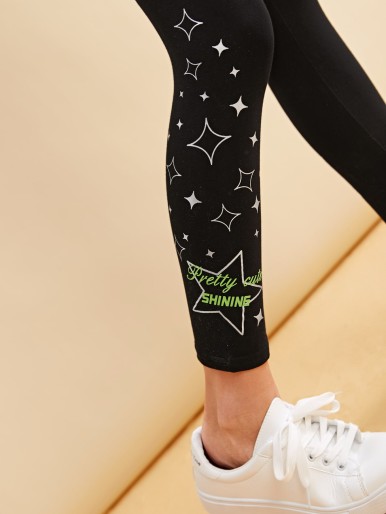 Girls Star & Letter Print Leggings