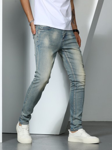 Men Washed Straight Leg Jeans