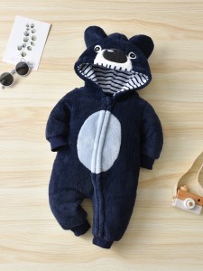 Baby Cartoon Embroidery 3D Ear Patched Hooded Flannel Sleepsuit