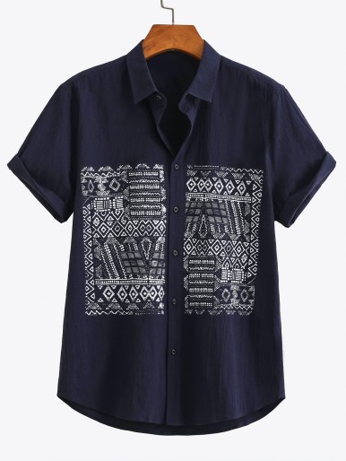 Men Geo Print Button Through Shirt