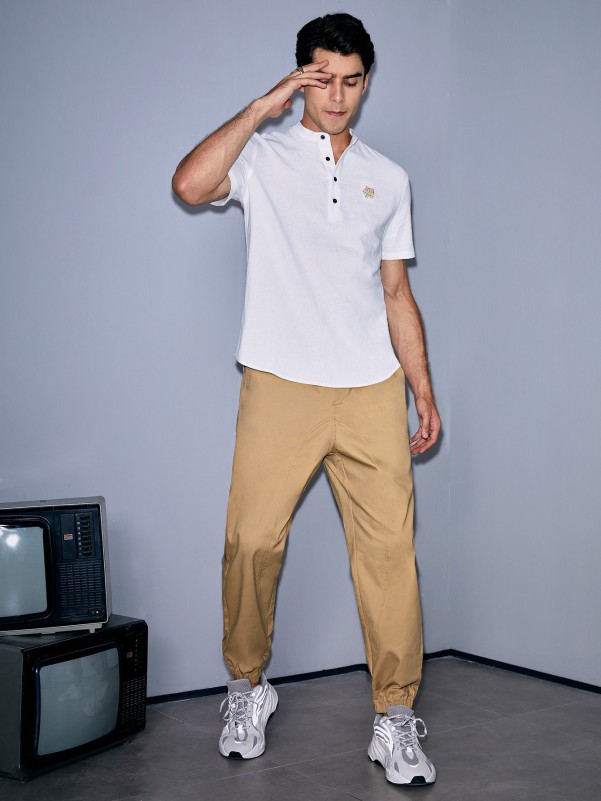 Men Drawstring Waist Slant Pocket Pants