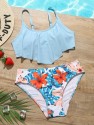 Girls Tropical Print Ruffle Bikini Swimsuit