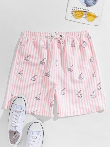 Men Graphic And Striped Drawstring Swim Trunks