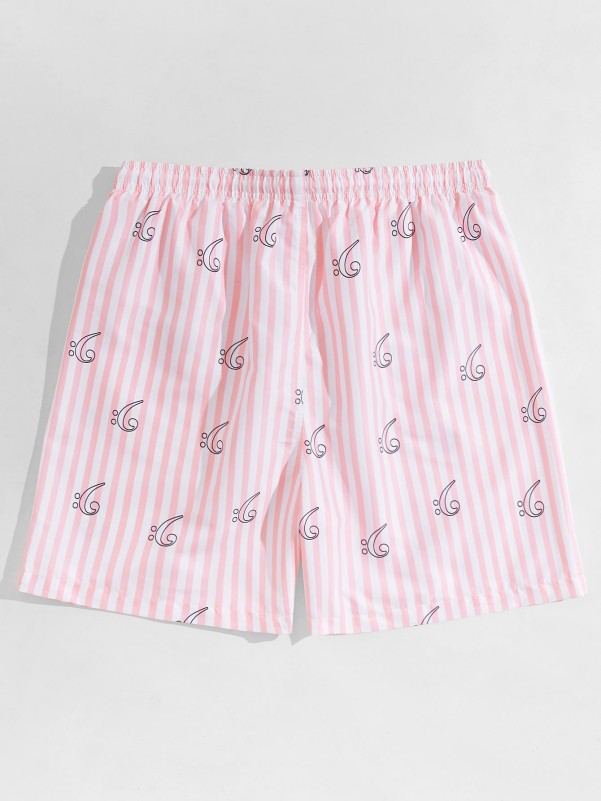 Men Graphic And Striped Drawstring Swim Trunks