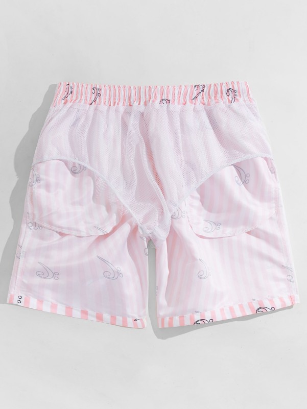 Men Graphic And Striped Drawstring Swim Trunks