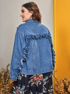 Plus Ruffle Trim Drop Shoulder Denim Jacket