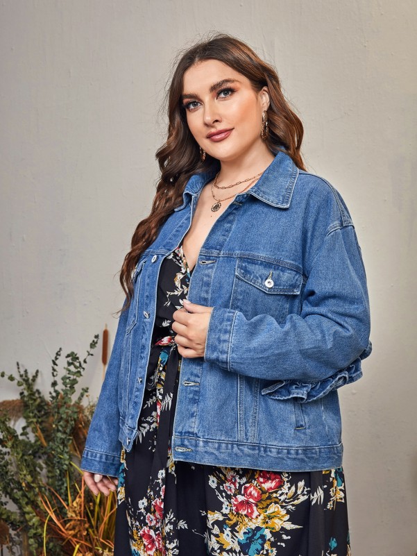 Plus Ruffle Trim Drop Shoulder Denim Jacket