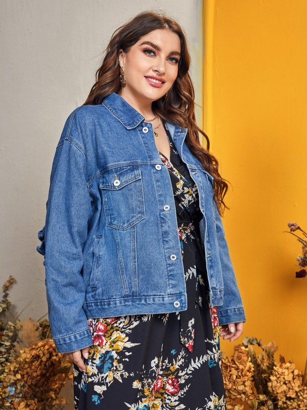 Plus Ruffle Trim Drop Shoulder Denim Jacket