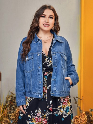 Plus Ruffle Trim Drop Shoulder Denim Jacket