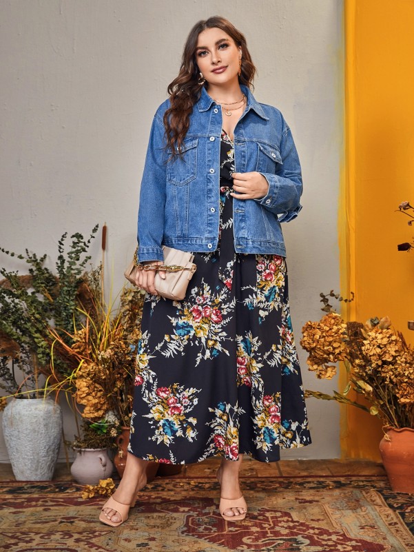 Plus Ruffle Trim Drop Shoulder Denim Jacket