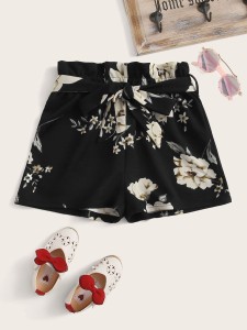 Girls Paperbag Waist Floral Print Shorts