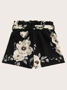 Girls Paperbag Waist Floral Print Shorts