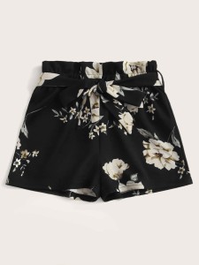 Girls Paperbag Waist Floral Print Shorts