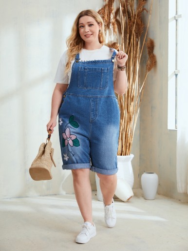 Plus Flower Embroidery Pocket Front Denim Overalls