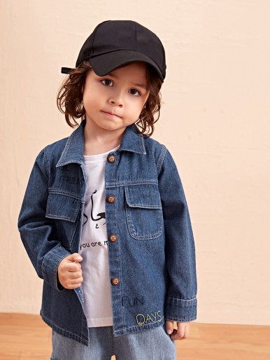 Toddler Boys Slogan Embroidery Flap Pocket Denim Jacket