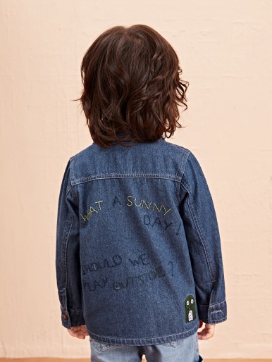 Toddler Boys Slogan Embroidery Flap Pocket Denim Jacket