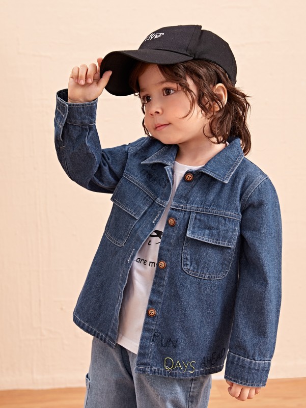 Toddler Boys Slogan Embroidery Flap Pocket Denim Jacket