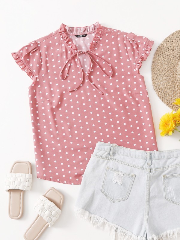 Plus Polka Dot Tie Neck Blouse