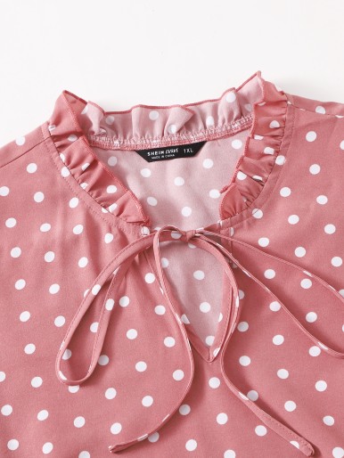 Plus Polka Dot Tie Neck Blouse